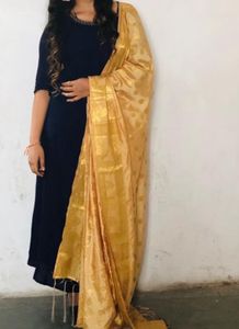 NAVY BLUE KURTI WITH GOLDEN DUPATTA