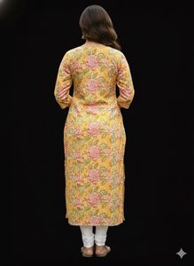 Floral Print Yellow Cotton Kurta
