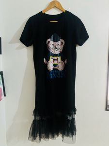 Black T-Shirt Dress with Teddy Bear