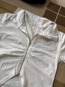 White Ruched Zip-Up Crop Top