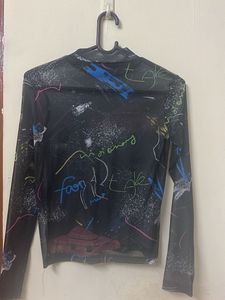 Abstract Graphic Print Mesh Top