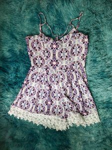 Patterned Romper with Lace Trim