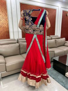 Red Blue Saree Lehanga