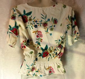 White Floral Cinched Waist Top