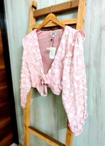 Pink Floral Lace Tie-Front Top Size-32