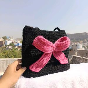 Handmade Black Crochet Tote Bag with Pink Bow❤️