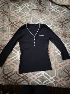 Black Button-Down V Neck Strechable Top