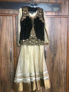 Golden Anarkali With Black Stone Work Shrug