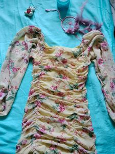 Yellow Floral Summer Dress Bodycon Full sleeve