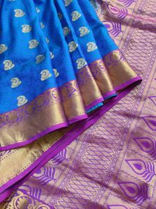 Blue &amp; Purple Kanchipuram Silk Sari with Paisley