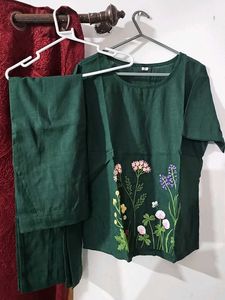 Embroidered Floral Top with plain green Trouser