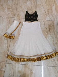 White Net Skirt, Dupatta And Black Crop Top
