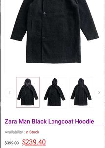 Zara Men Black Longcoat Hoodie