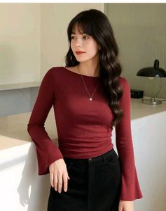 Boat Neck Solid Ruched Long Sleeve Top in Cherry R