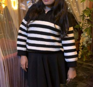 Striped Black And White Zip Up Sweater