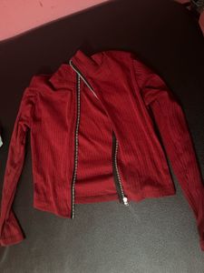 Red Ribbed Zip-Up Jacket