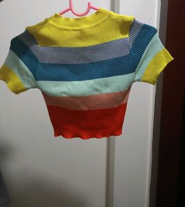Colorful Ribbed Knit Crop top Striped Short Sleeve