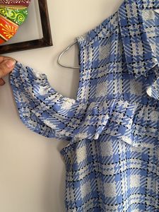 Blue Plaid Cold Shoulder Top