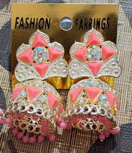 Emerald Green And Pink Jhumka Earrings