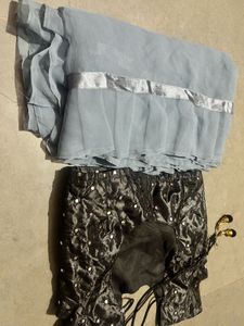 Gray Pleates Border Saree With Ready Blouse