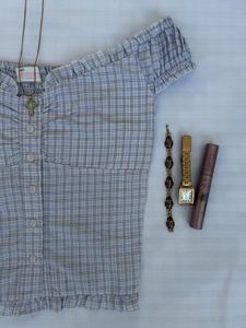 HOLLISTER INSPIRED Blue Plaid Off/On-Shoulder Top