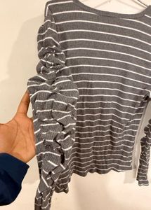 Striped Cutout Rouched Sleeve Top