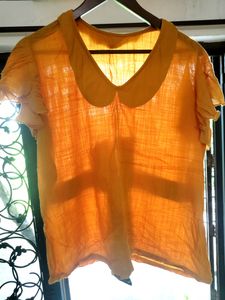 Mustard Yellow Top With Blue Kalamkari Bow