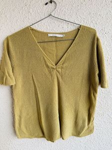 Mustard V-Neck Ribbed T-Shirt