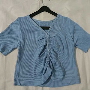Blue Ribbed Ruched Button-Up Top