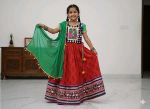 Girl's Ethnic Red & Green Lehenga Choli