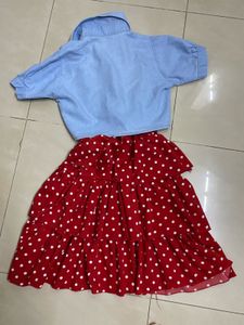 Polka Dots Frock With Tied Denim Jacket(7-8)
