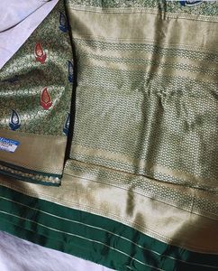 💥🆕️ Heavy Woven Green Silk Saree
