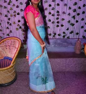 Organza Plain Flowers Design Saree