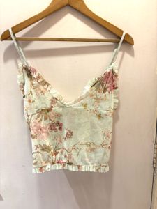 Beautiful Floral Ruffle Trim Mesh Top