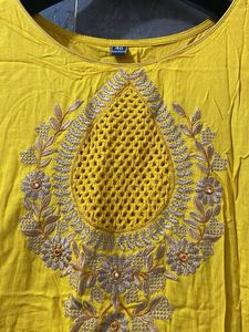 Yellow Embroidered Kurti With Attached Shrara