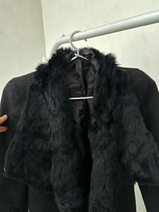Elegant Fur Woollen Black Coat with Zip detailing