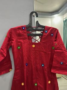 Red Mirror Work Backless Kurta