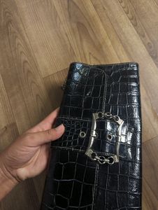 Black Croc Embossed Clutch with Chain Strap