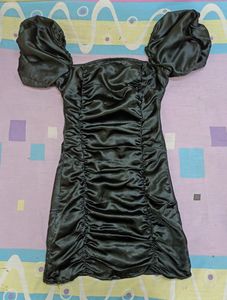 BLACK RUCHED BODYCON SATIN DRESS