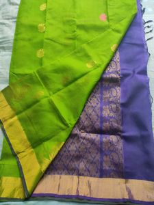 Silk Cotton Saree In Green And Purple