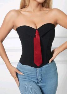 Chic Black Corset Top with Red Tie Detail