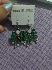 Ethnic Green &amp; Pearl Drop Earrings