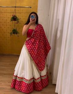 White And Red Real Mirror Work Lehenga