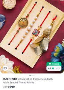 Set Of 4 Stone &amp; Pearls Beaded Thread Rakhi
