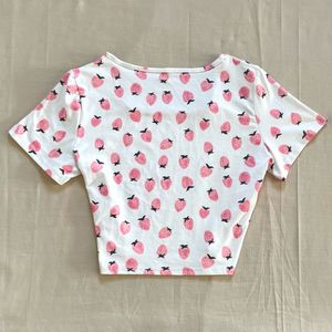 🍓Pastel Strawberry print white A line top🍓
