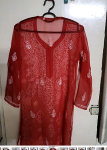 Women RED Chikankari Kurta