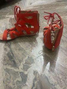 US Size 6 Orange Color Sandals &amp; Black Wedges
