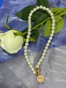 Pearl Beaded Necklace with Gold Coin Pendant