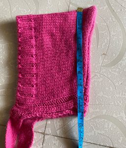 Pink Knitted Winter Bonnet Hood with Long Ties