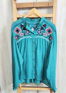 Embroidered Sea Green Cotton Top size-48